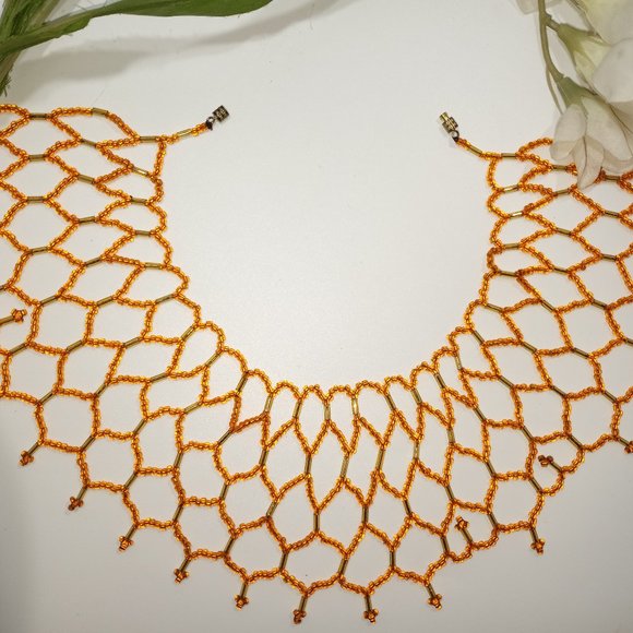 Vintage Jewelry - Vintage Orange Beaded Choker Bib Necklace